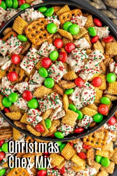 christmas chex mix in a black bowl