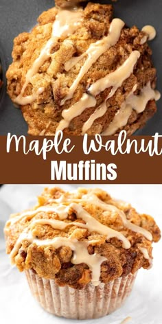 maple walnut muffins with white icing on top and in the background, there is