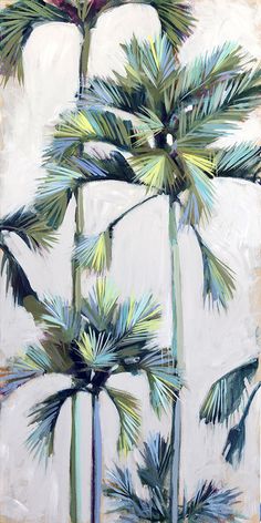 a painting of three palm trees in front of a white wall