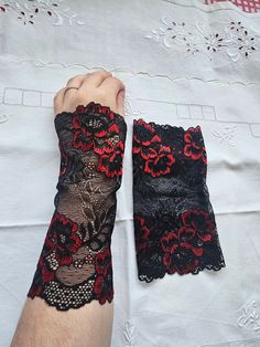 You are looking for accessories for your theme evenings or for your Halloween evening, these Mittens will have their best effect. They are very chic. They are made of red and black stretch lace, one size, per 2 cuff length: 17 cm width: 9 cm broderidesigntresors.etsy.com Possibility of sending to home, via post, on request when ordering. Black Stretch Lace, Victorian Bracelet, Lace Set, Elastic Laces, Feminine Design, Stretch Lace, Girls Night Out, Black Stretch, Red And Black