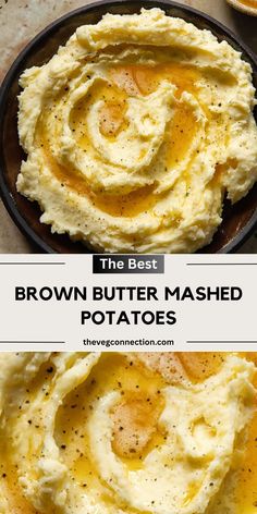 the best brown butter mashed potatoes in a skillet and then topped with an egg