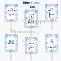 four blue and white ice cream pops with words on them