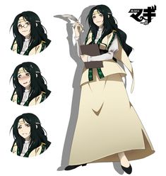 an anime character with long black hair holding a book and pointing to it's left side