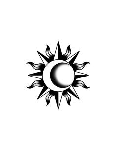 a black and white drawing of a sun with flames coming out of it's center