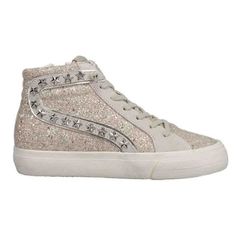 When you slip on Hailey the Glitter High Top Sneakers, you will shimmer and shine wherever you go. These sparkly sneakers feature a glittered body with star studs along the side, standard lace-up front, grey-colored lace guard, textile interior, distressed rubber soles with arrow shapes, and side zipper. Size: 6.  Color: Silver.  Gender: female.  Age Group: adult. Sparkly Sneakers, Textile Interior, Workout Tops For Women, Silver Sneakers, Glitter Sneakers, Metal Stars, Vintage Havana, Lace Up Sneakers, Star Studs