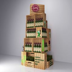 a wooden display case filled with lots of bottles