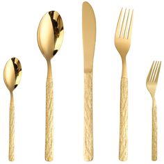 gold colored utensils and spoons are arranged in a row on a white background