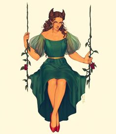 a drawing of a woman sitting on a swing with flowers in her hair and wearing a green dress