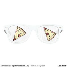 a pair of glasses with pizza printed on the side and white frames, all in different colors