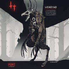 an image of a demon with horns and skulls on his head walking through the woods