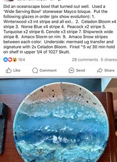 a blue and white plate sitting on top of a wooden table