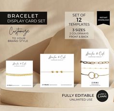 the bracelet display card set includes three different types of bracelets and two matching cards