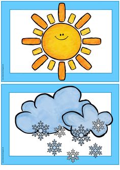 two pictures with snowflakes and the same weather symbol on them, one has a sun