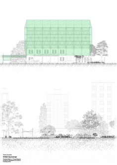 two green buildings with trees in the foreground and on the far side, there is a drawing of a building