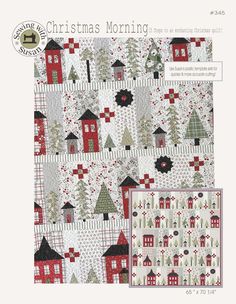 the christmas morning quilt pattern is shown in red, white and grey colors with houses on it