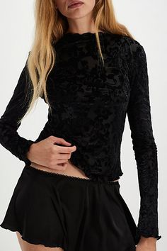 Endless nights await in this semi-sheer long sleeve from Intimately, featuring a velvet floral print for the perfect touch of texture. **Fit:** Fitted, semi-cropped **Features:** Semi-sheer fabrication, mock neckline, lettuce-edge trim, velvet floral print **Why We | Late Night Layering Top by Free People in Black, Size: XS Lace Layering Top, Layered Lace Top, Endless Night, Free People Long Sleeve, Semi Cropped, Layered Tops, Mock Neckline, Sheer Top, Late Night