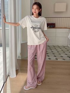 Slogan Graphic Drop Shoulder Tee & Plaid Print Pants PJ Set Pink   Short Sleeve Fabric Letter,Plaid Pant Sets Medium Stretch All Women Sleep & Lounge, size features are:Bust: ,Length: ,Sleeve Length: Comfy House Outfit, Piyama Aesthetic, Ootd Rumahan, Cute Loungewear Outfits, Casual Home Outfits, Pant Outfits For Women, Night Suit For Women, Oversize Tshirt Outfits, Plaid Pant