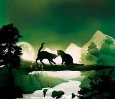 two cats walking across a bridge over a river under a full moon filled night sky