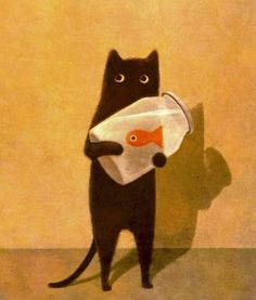 a black cat with a fish in it's mouth is holding a plastic bag