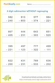 the printable worksheet for addition and subtraction with regroups