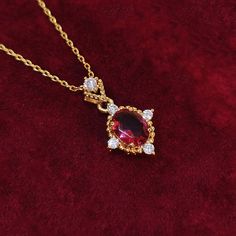 💎 Materials: 18k Gold Plated over Solid Sterling Silver Body - Hypoallergenic and Tarnish-Free Cubic Zirconia Synthetic Ruby 📐 Length: 40cm + 5cm extension Ruby Pendant Necklace, Ruby Necklace Pendant, Silver Bodies, Romantic Jewellery, Ruby Pendant, Garnet Pendant, Ruby Necklace, Ruby Jewelry, Jewelry Gift Box