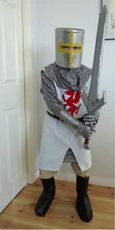 DIY Youth Knight Costumes with helmet, sword,  and gauntlets Knight Costumes, Medieval Knight Costume, Shrek Costume, Knight Helmet