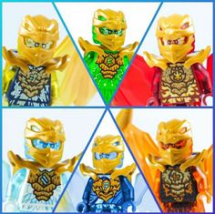 four pictures of legos with different costumes