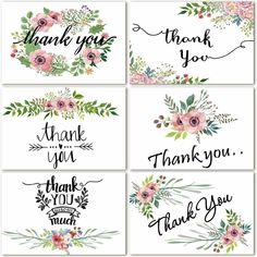 six thank cards with flowers and greenery on them, all written in black ink