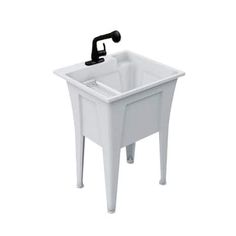 a white sink with a black faucet on the side