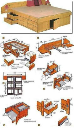 the plans for a bed with drawers are shown