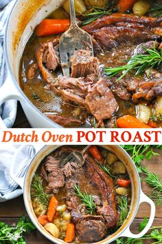 two pictures of pot roast with carrots, potatoes and meat in a dutch oven