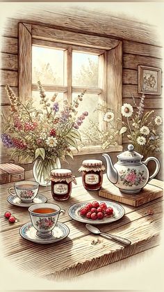 a painting of tea and fruit on a table with flowers in the window sill