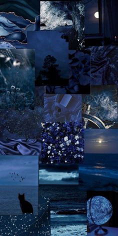 a collage of images with the moon and stars in them, all over water