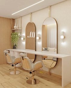 a hair salon with chairs and mirrors on the wall