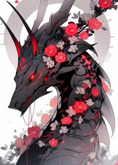 a black dragon with red flowers on it's head and long, sharp horns