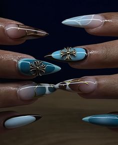 Fail Nails 2024, Structure Gel Nails Design, Long Almond Shaped Nails Designs, Blue Gel X Nail Designs, Cool Nail Inspo Blue, Almond Nail Inspo 2024, Atlantis Nails, Dreamy Nail Art, Birthday Gel Nails