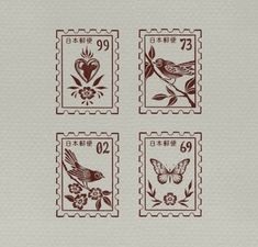 four stamps with birds and flowers in the middle, on top of each stamp are chinese characters