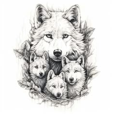 a drawing of three wolfs with leaves around them