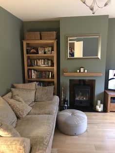 a living room with a couch, fireplace and bookshelf filled with books on shelves