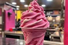 a pink ice cream sundae in a restaurant