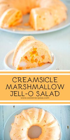 a cake that has been cut into pieces and is on a plate with the words creamsice marshmallow jello's salad