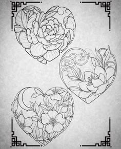 three hearts with flowers on them are drawn in black and white, one has an ornate border