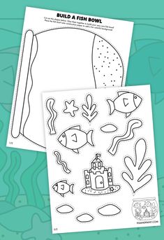 two coloring pages with fish and castle on them