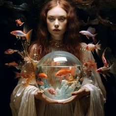 a woman holding a fish bowl in front of her face and surrounded by goldfish