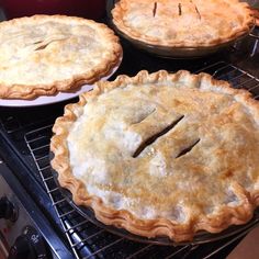 three pies sitting on top of an oven rack next to each other in pans