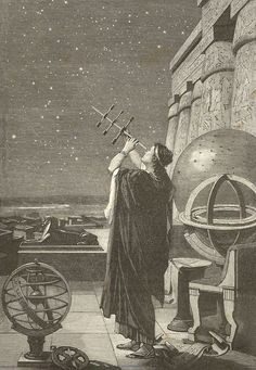 an old drawing of a woman looking up at the sky with telescopes in her hand