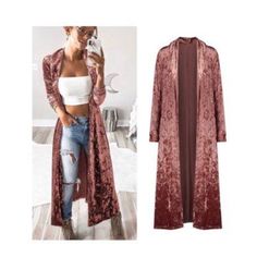 Sweaters | Pink Kimono Cardigan | Poshmark Long Kimono Cardigan, Gilet Kimono, Trench Coats Women Long, Velvet Duster, Cardigan Rosa, Mode Mantel, Velvet Cardigan, Velvet Kimono, Gilet Long