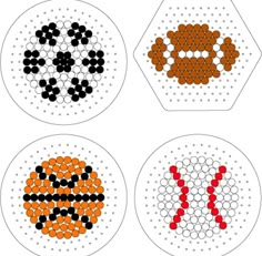 four different types of bead designs on white plates with red, orange and black dots