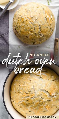 no - knead dutch open bread recipe in a white pot with text overlay