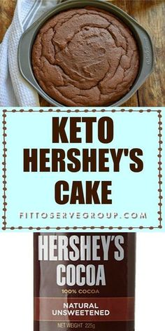 the keto hershey's cake is in a pan and next to a bottle of cocoa